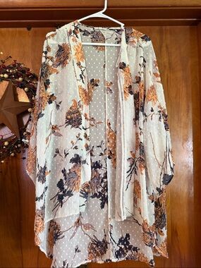 Maurices Cream Floral Sheer Kimono with Orange & Black Print